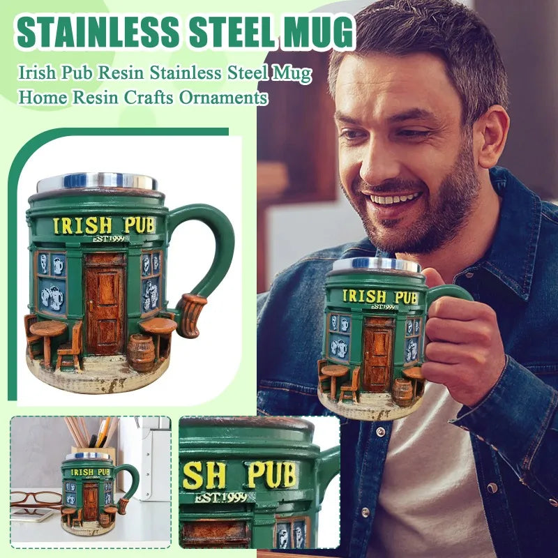 3D Pattern Irish Pub Stainless Steel Mug Home Bar Resin Crafts Ornaments Beer Mug Coffee Cup Drinking Utensils Xmas Holiday Gift