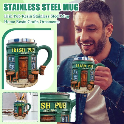 3D Pattern Irish Pub Stainless Steel Mug Home Bar Resin Crafts Ornaments Beer Mug Coffee Cup Drinking Utensils Xmas Holiday Gift