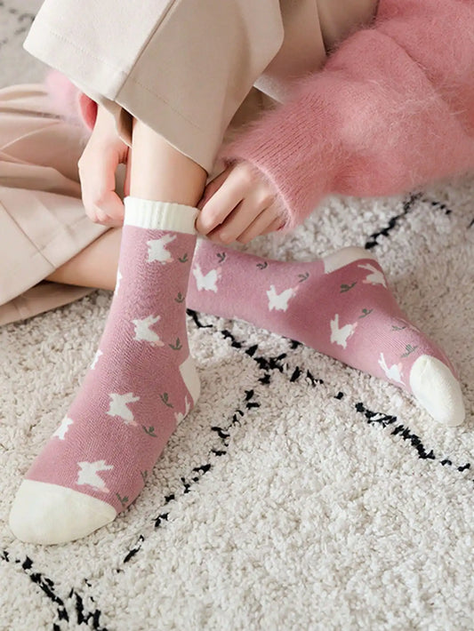 5 pairs of women's thickened terry socks pink socks winter spring autumn warm medium cotton socks