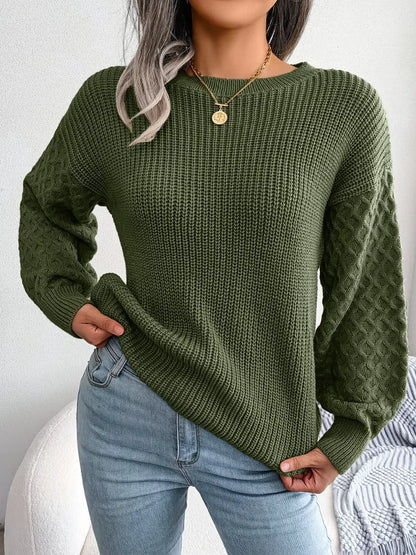 2024 Autumn Winter Casual Lantern Long Sleeved Knitted Sweater Fashion Army Green Round Neck Sweater Elegant Knitted Pullover