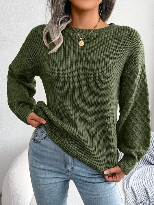 2024 Autumn Winter Casual Lantern Long Sleeved Knitted Sweater Fashion Army Green Round Neck Sweater Elegant Knitted Pullover