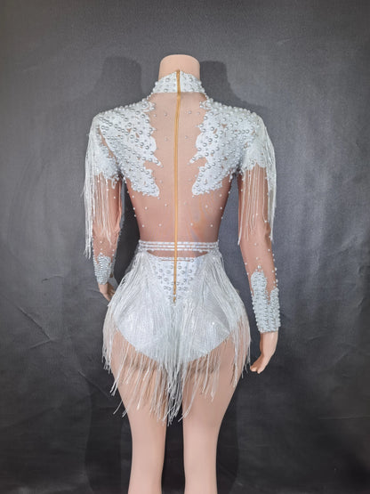 Rhinestones Women DanceCostume Fringes One Shoulder Bodysuit  Sexy Skinny Leotard Singer Dancer Show StageWear Sparkly Blue