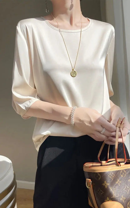 Summer satin Women Blouse Silky Loose Woman Shirt lady's half Sleeve tops Casual solid t-shirt O-Neck pullover women's clothing