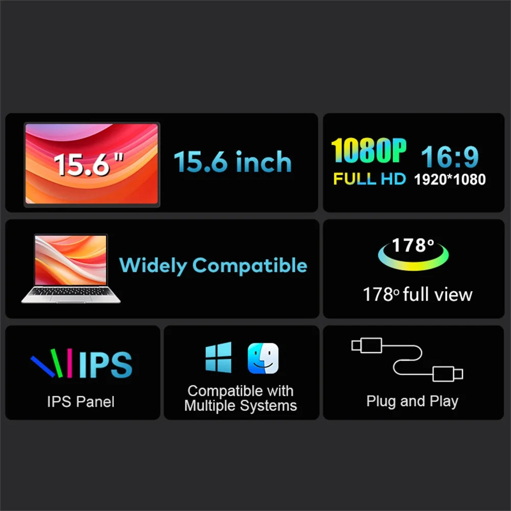 Dual Screen Extender FHD IPS Gaming Display Portable LCD Backlit Monitor High Definition for Productivity 14 to 16 inch Rospider