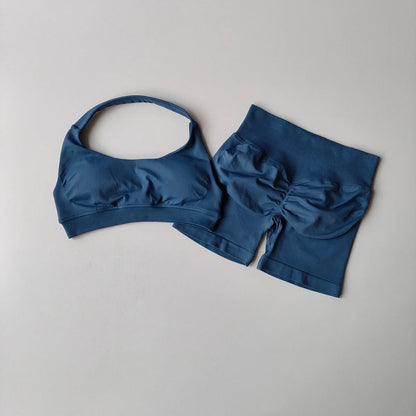 2 Pieces Yoga Suit for Women Seamless Fitness Gym Clothes Halter Sports Bra Matching Impact Shorts Workout Sets Gym Outfit