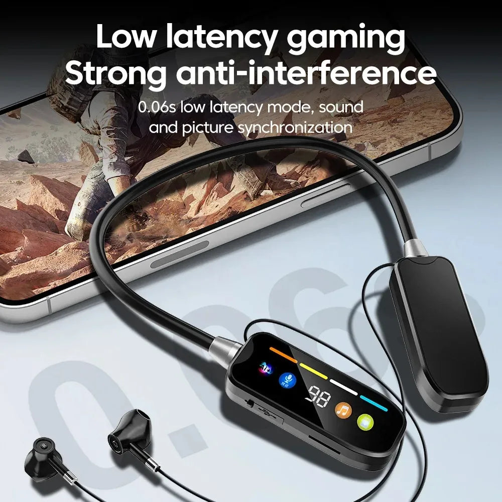 HD Screen Bluetooth 5.4 Headphones Neckband Earphones TWS Wireless Headsets HiFi Stereo Waterproof Earbuds Support TF Card