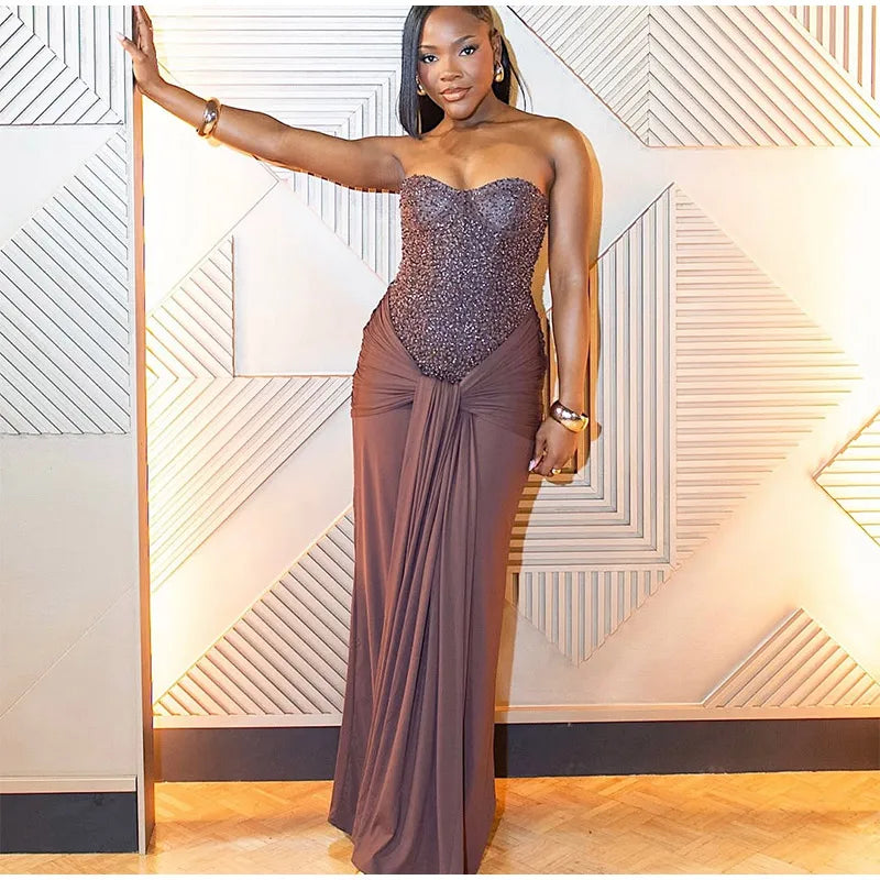 Chic Sequins Lace Up Dress Women Cinched Waist Strapless Patchwork Pleated Sleeveless Maxi Gowns 2025 Summer Evening Party Robe