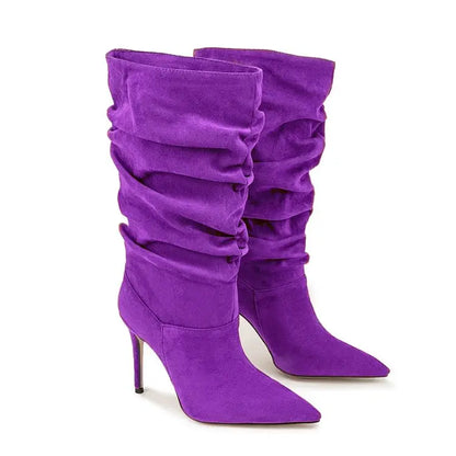 2025Women's Autumn and Winter New Pleated High-heeled Short Boots with Pointed Sleeves, Women's 35-47 Large Mid Length Boots