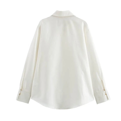 DUOPERI Women Fashion Satin Brown Blouse Lapel Neck Long Sleeves Vintage Female Chic Lady Shirts