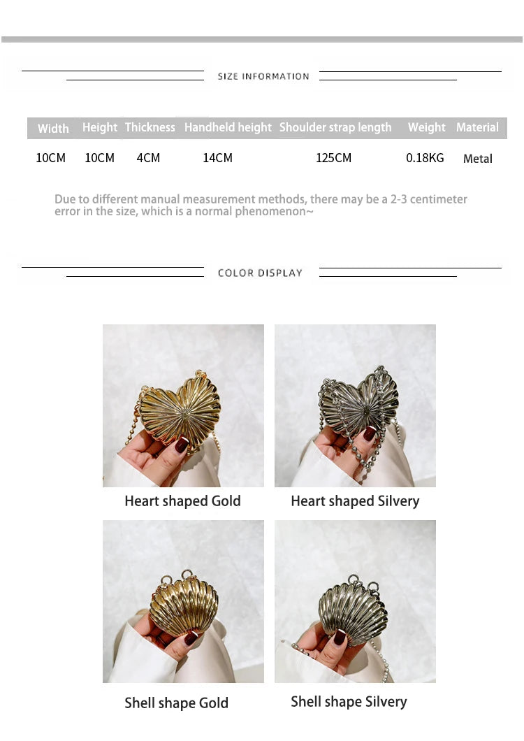 Golden Silver Evening Bag Handbag Luxury Designer Shoulder Crossbody Bags Party Wedding Clutch Mini Heart Pattern Shell Purse