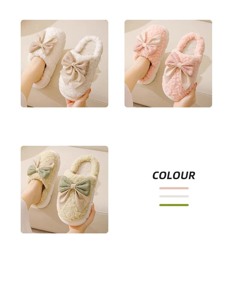 Thick Soled Non Slip Home Plush Slippers 2025 New Cotton Slippers for Women Bow Slippers for Autumn and Winter Warm for Women