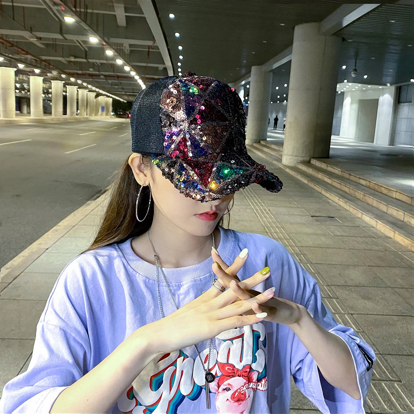 Summer Shiny Sequin Back Mesh Adjustable Cotton Baseball Cap Sun Hat