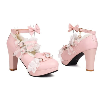 Cross Strap Women High Heels Mary Jane Pumps Party Wedding Cosplay White Pink Black Strawberry Bow Princess Cosplay Lolita Shoes