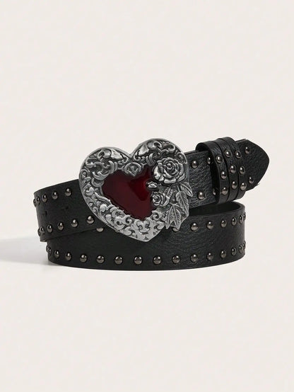 1Pcs Rose essential oil droplet heart-shaped leather belt, rivet decoration, Y2K punk gothic rock hip-hop style，spring，summer