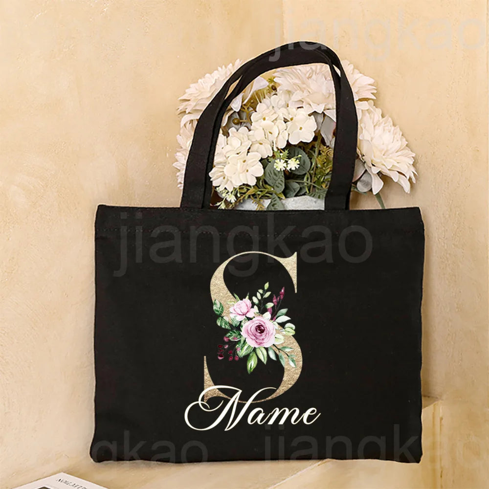 Personalized Initial with Name Tote Bag Women Canvas Shoulder Bags Monogram Shopping Bag Handbags Birthday Wedding Gifts for Her