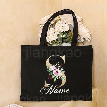 Personalized Initial with Name Tote Bag Women Canvas Shoulder Bags Monogram Shopping Bag Handbags Birthday Wedding Gifts for Her