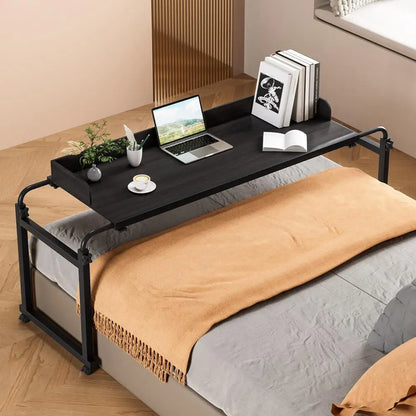 120x40CM Height Adjustable Overbed Table with Wheels, Rolling Over-the-Bed Laptop Desk with Raised Baffle, Home Office Bedroom H