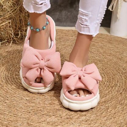 Linen Casual Platform Slippers Women Home Bowknot Luxury Designer Woman Shoes Flats Elegant Fashion Footwear Lovely Large Size