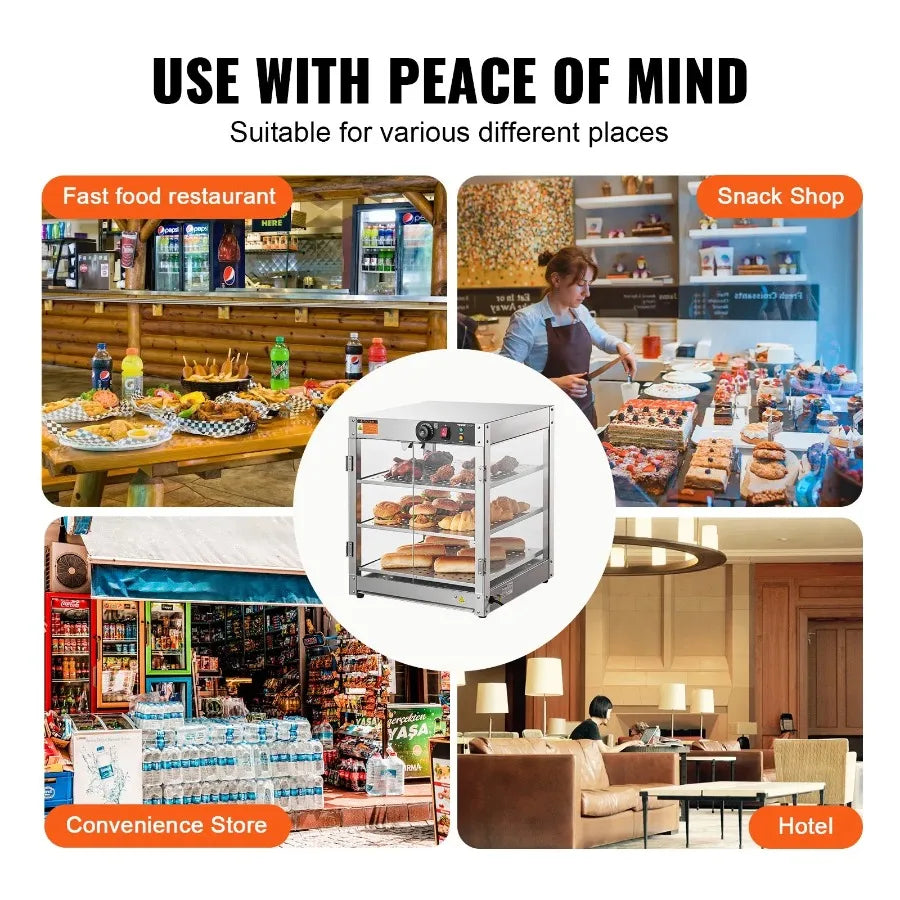 3Tier Commercial Food Warmer Display Countertop Pizza Cabinet with Light