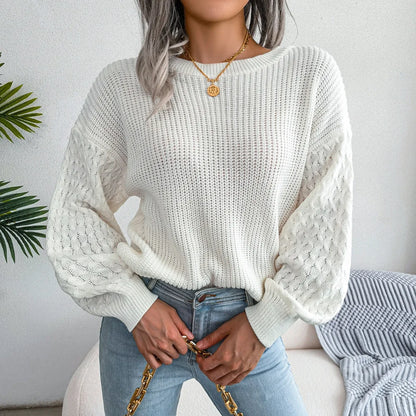 2024 Autumn Winter Casual Lantern Long Sleeved Knitted Sweater Fashion Army Green Round Neck Sweater Elegant Knitted Pullover