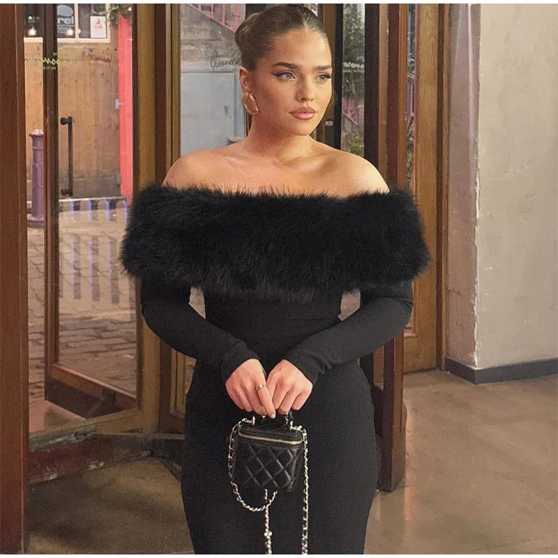 Faux Fur Patchwork Strapless Dress Women Sexy Off-shoulder Full Sleeve Cinched-waist Slim Long Gown Lady Christmas Party Dresses