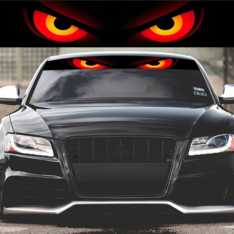 A striking red and black evil look style decorative strip design car windshield sticker. This unique car decal adds a touch