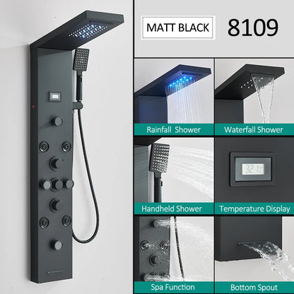 Black LED Shower Panel Tower System Rain Waterfall Shower Column Hydroelectricity Massage Body Spa Bath Shower Faucet Mixer