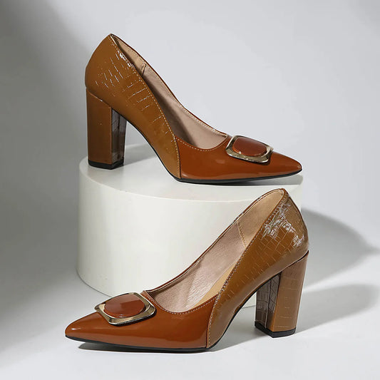 Large Size Fashion High Heels for Women, Thick Pointed Work Shoes, Metal Square Buckle Women's Shoes for One Foot