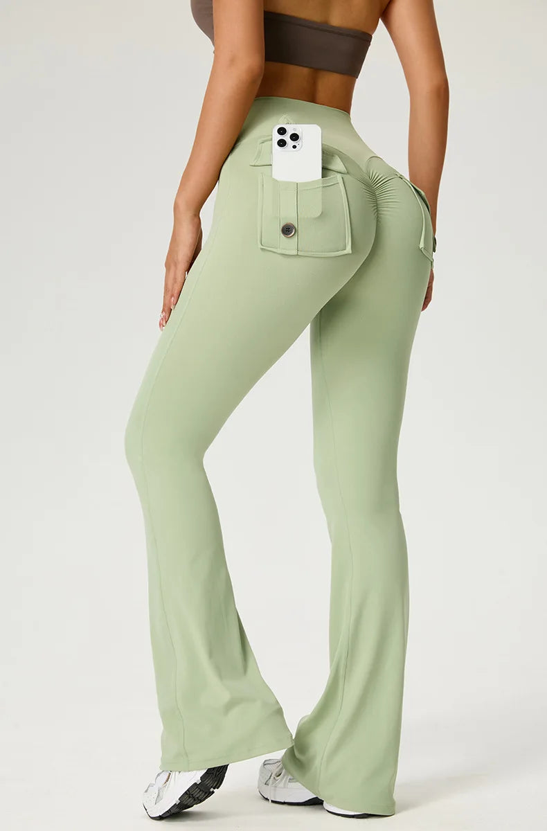 Women's Flared Pants Yoga Leggings Bell-bottoms Tight Elastic Breathable Sports Pants Back Waist Pockets Womens Clothing