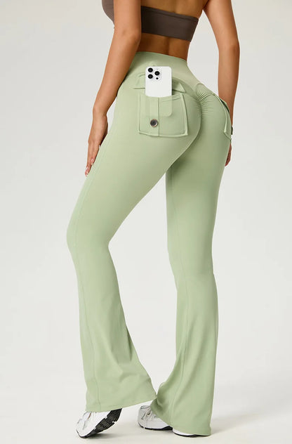 Women's Flared Pants Yoga Leggings Bell-bottoms Tight Elastic Breathable Sports Pants Back Waist Pockets Womens Clothing