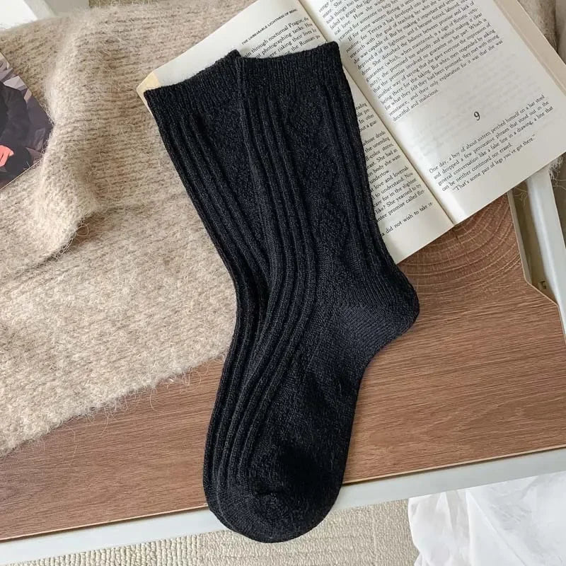 3Pairs Winter Cashmere Wool Socks Women's Winter Diamond Thicken Warm Black White Pack Set Thermal Japanese Fashion Solid Color