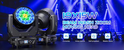 Somspot 19x15W LED Moving Head Lights RGBW Beam Stage Effect Lighting Projector Focusing Light Zoom Wash Lights for Disco Party
