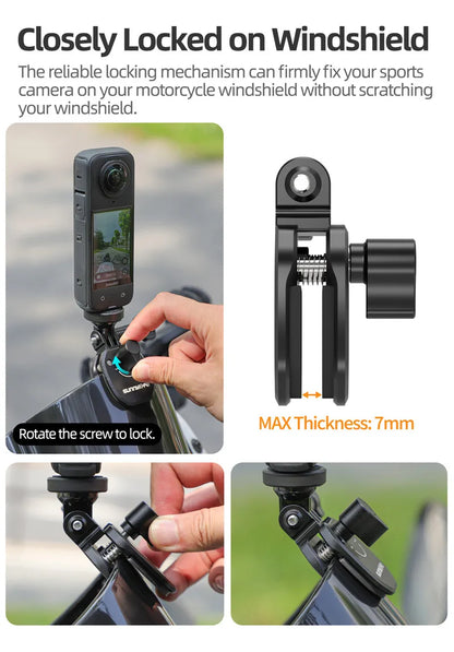 Motorcycle Windshield Clip Mount for Go Pro 13 12 11 10 9 8 7 DJI OSMO 360 Action 4 5 Pro Insta 360 X5 X4 Go 3S ACE Pro 2 Camera