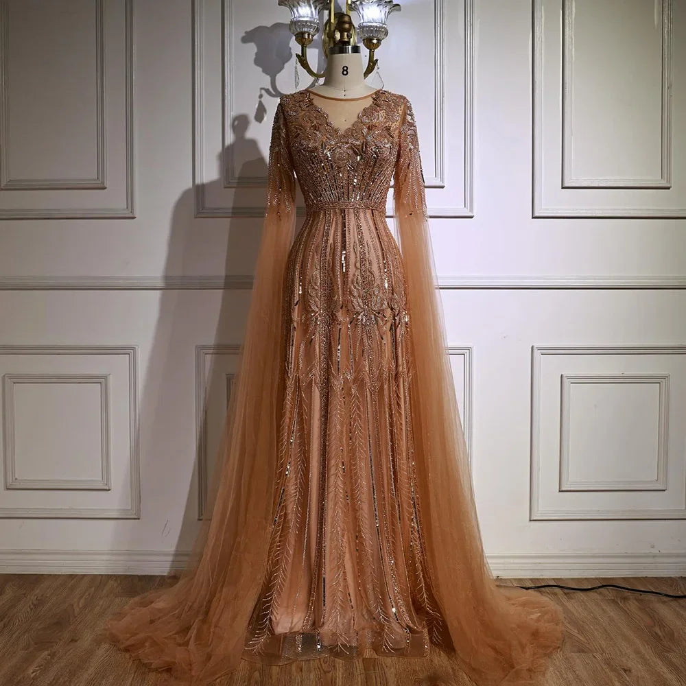 Luxury Elegant Rose Gold Beaded A Line Evening Dress with Cape Sleeves for Formal Party Serene Hill 2026 Customized CLA73056