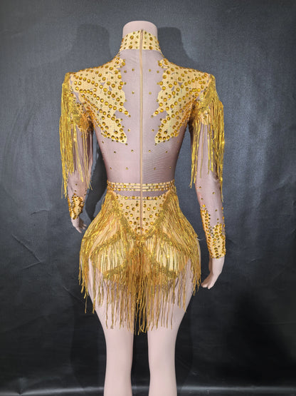 Rhinestones Women DanceCostume Fringes One Shoulder Bodysuit  Sexy Skinny Leotard Singer Dancer Show StageWear Sparkly Blue
