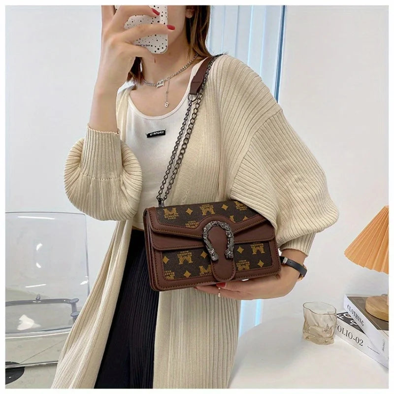 Fashion Printed Chain Shoulder Bag for Women, Trendy Small Square Crossbody, Travel Shopping Gift for Girlfriend