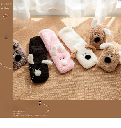 Fuzzy Fluffy Sock Women Cartoon 3D Dog Winter Warm Plush Non slip Home Sleeping Soft Female Floor Thermal Funny Slipper Sock