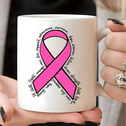 11oz Pink Ribbon Ceramic Coffee Mug with Breast Cancer Awareness Ribbon Design - Insulated Thermal Cup, Hand-Wash Only, Reusable