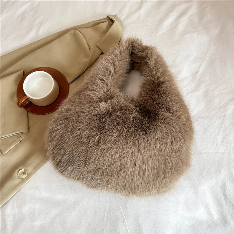 Winter Shoulder Bags Casual Furry for Women Solid Color Soft Plush Ladies Clutch Purse Handbags Lightweight Female Hobos Bag