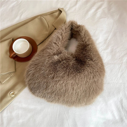 Winter Shoulder Bags Casual Furry for Women Solid Color Soft Plush Ladies Clutch Purse Handbags Lightweight Female Hobos Bag