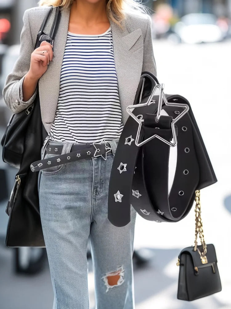 Vintage Belts For Women Punk Waistband Y2K Female Rivet Belt Pu Leather Pin Buckle Waistband Jeans Belt Pentagram Eye Rivet Belt