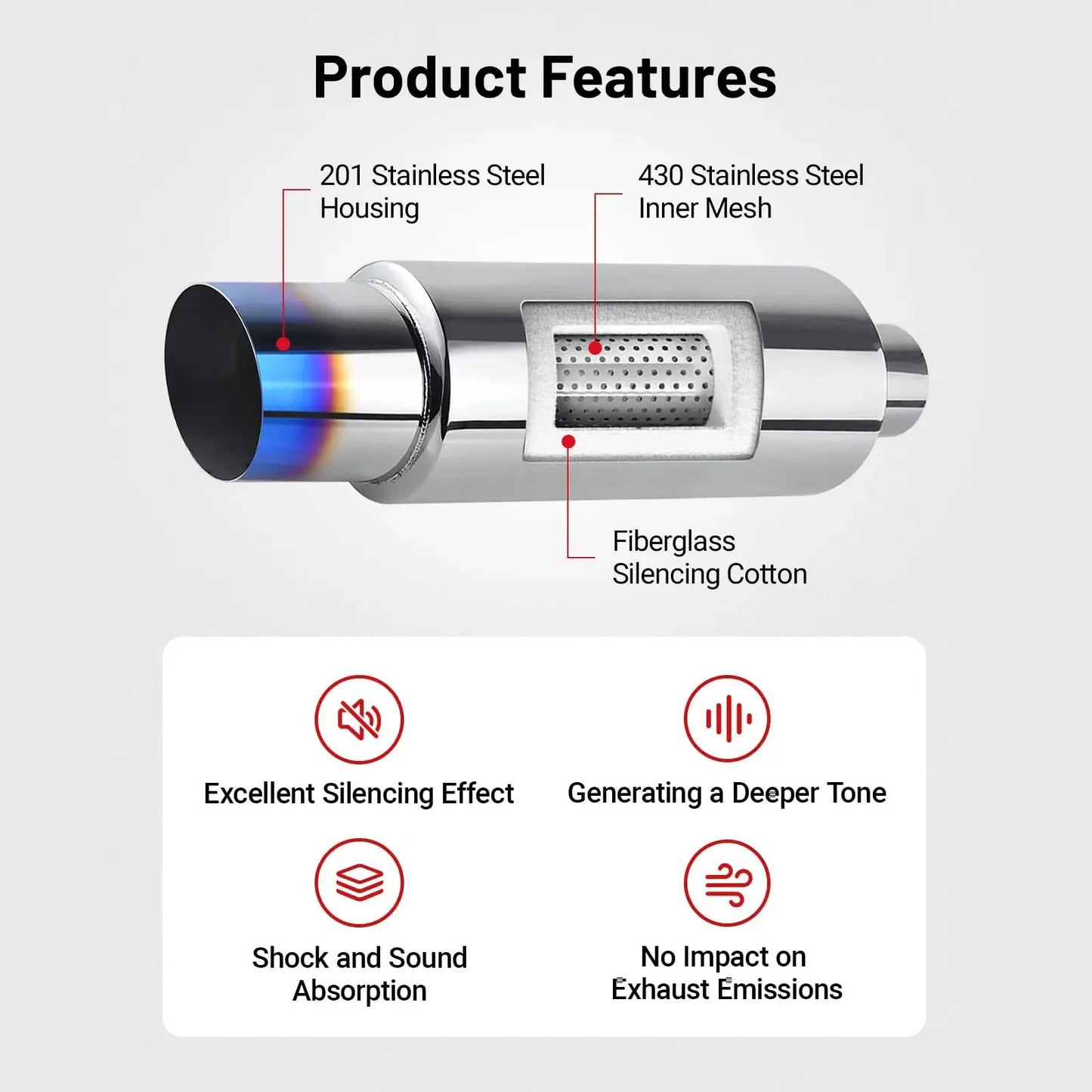 Universal Car Exhaust Pipe Muffler Tail Pipe Silver High Quality Stainless Steel 50MM Inlet 76MM Outlet Length 381mm