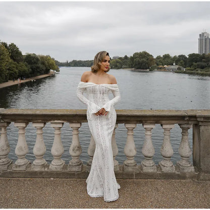 White Sexy Lace Flare Sleeve Dress Off Shoulder Slim Maxi Dresses Women 2024 Female Hollow Out Mermaid Floor Length Elegant Robe