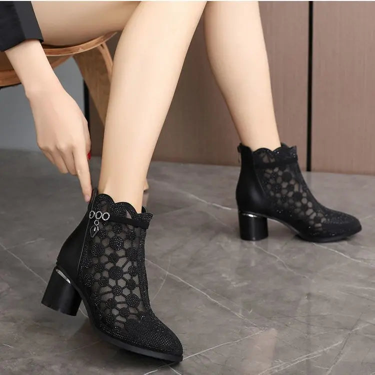 2026 Spring Summer Fashion Rhinestones Gauze Sandals Thick Heels Mesh Autumn Ankle Boots Female Hollow Women's Shoes