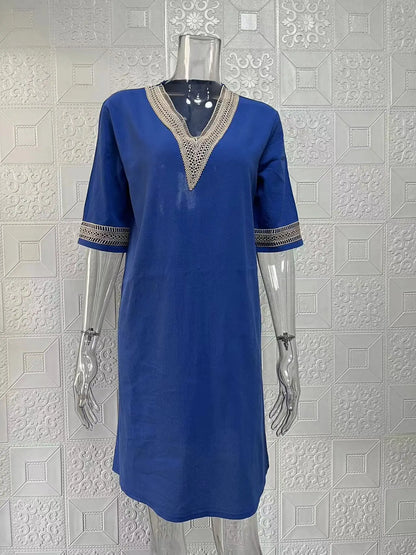New solid color V-neck mid-sleeved elegant dress