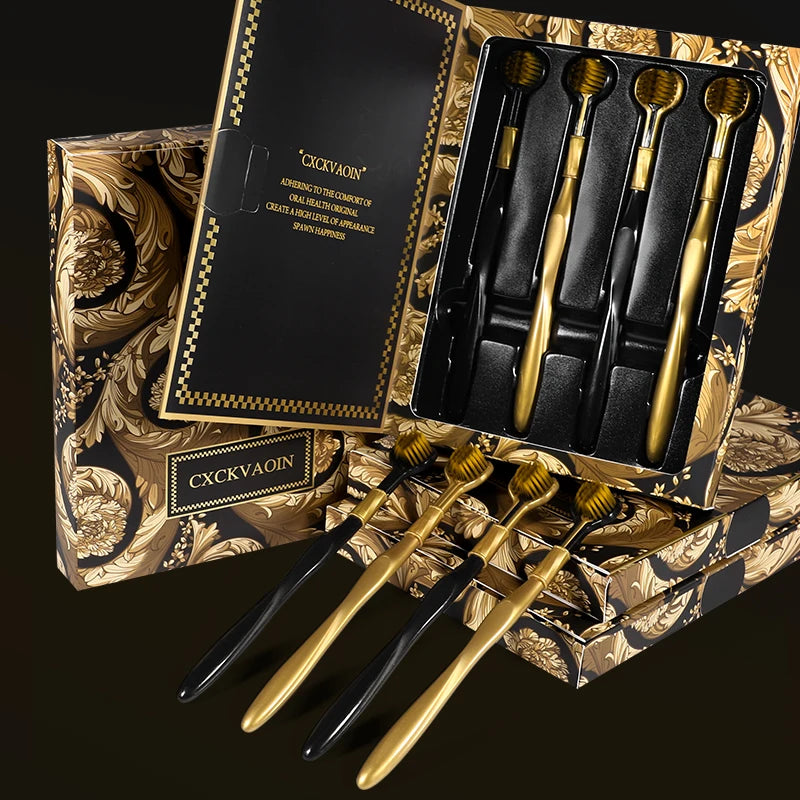 [4-pcs gift box] High-end black gold series three-sided brush head wrapped soft bristle toothbrush