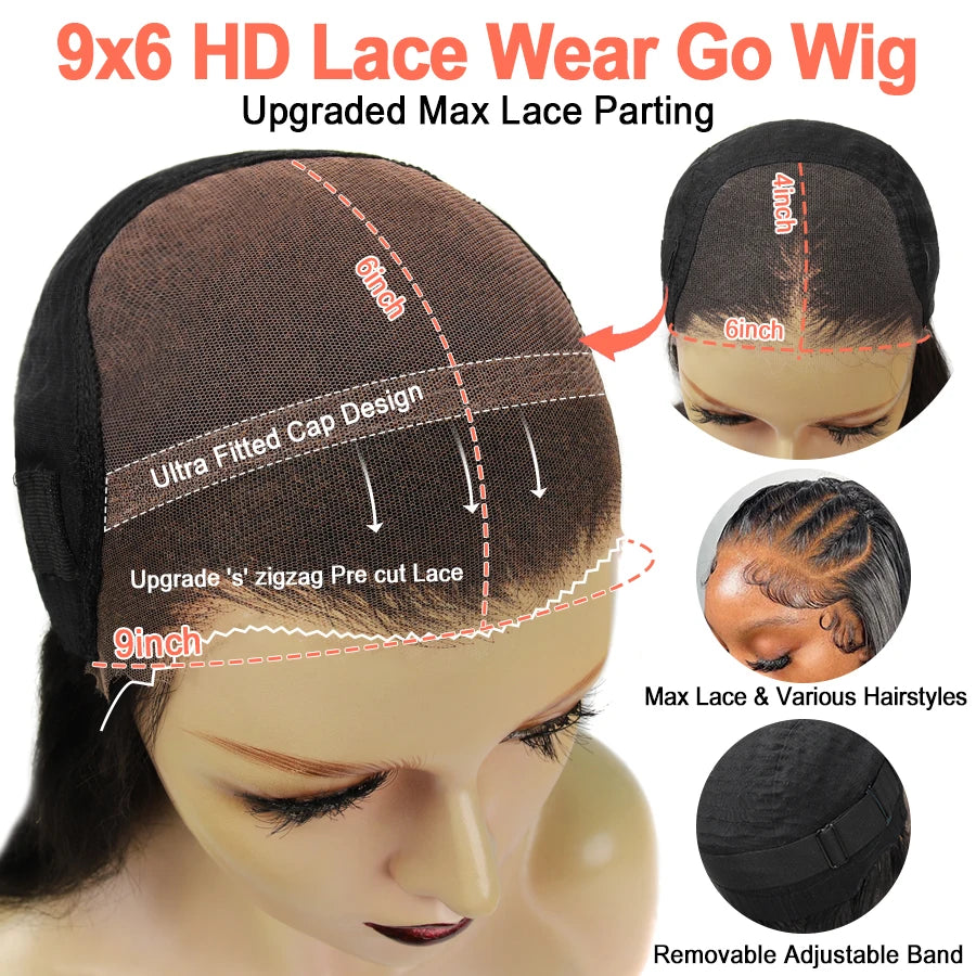 Water Wave 9x6 Ultra Fitted Glueless Wig Human Hair Ready To Wear 34in 250% Real HD Lace Human Hair Lace Frontal Wig Pre Plucked