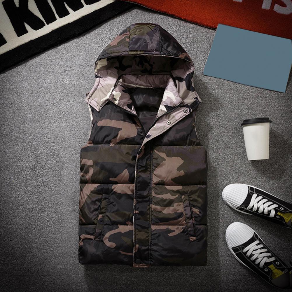 Winter Men Waistcoat Camouflage Thickened Cotton Padded Windproof Zipper Hooded Vest Coat for Daily Wear