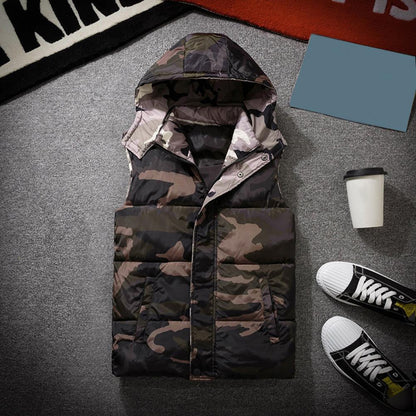 Winter Men Waistcoat Camouflage Thickened Cotton Padded Windproof Zipper Hooded Vest Coat for Daily Wear