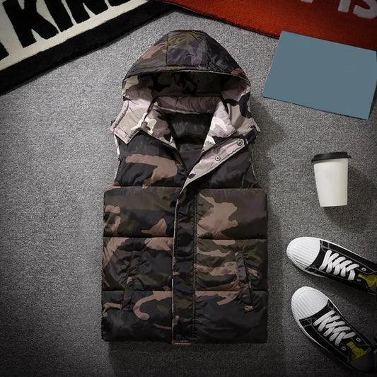 Winter Men Waistcoat Camouflage Thickened Cotton Padded Windproof Zipper Hooded Vest Coat for Daily Wear